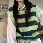 Korean Vintage Green Striped Knitted Sweater Vest Photo 4