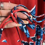 ZARA Floral Stretch Jersey Long Sleeve Belted Mid Length Dress Red Blue Vacation Photo 8