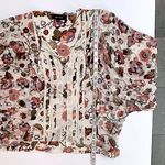 Karen Kane ivory, rust and purple floral print dolman sleeve semi sheer blouse M Photo 7
