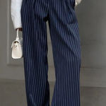 Pinstripe Pleated Wide Leg Dress Pants Navy Color Blue Size L Photo 0