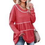 Waffle V Neck Tunic Peplum Flowy Swing Loose Long Sleeve Sweater Red S Photo 1