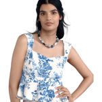 Maeve x Anthropologie Square-Neck Peplum Blue and White Fitted Crop Tank Top Photo 0