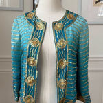 Trina Turk  Turquoise Blue 100% Silk Gold Sequin Bolero Jacket 0 XS S Photo 0