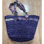 Purple Straw Woven Purse Handbag Tote With Scarf Handles Zip Top Lined Bow Photo 2