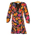Rixo Golden Floral Mini Dress Size XS Ruched Stretch Silk Long Sleeve Retro Art Photo 2