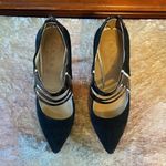 L.A.M.B. Gwen Stefani Wilson Black Mixed Leather Silver Trim Cut Out 3-Strap Pointy Toe Zip Heels $295 EUC 8.5 Photo 3