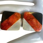 Bold Vintage Sponge Coral & Onyx Inlay Earrings – Geometric 80s Style Black Photo 5
