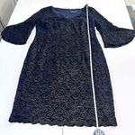 Alex Evenings Navy Blue Gold Lace Illusion V Neck Bell Sleeve Sheath Dress 14 Photo 7