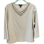 Canadian Graffiti Vtg Women's 3/4 Sleeve Stretch V Neck Embellished Top Size XL Tan Photo 0