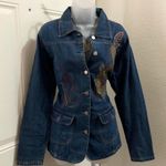 Unique 2000s Y2K Navy blue Embroidered jean denim fitted jacket floral leaf design #boho #hippie #indie #western Excellent condition, measurements in pics 100% cotton Size L Photo 1