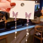 925 Silver Post Pearl Butterfly Long Tassel Dangle Drop Earrings for Women Photo 0