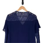Nicole Miller  Atelier Navy Blue Silk Blouse size Small Lace Trim Long Sleeves Photo 6