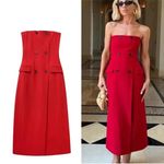ZARA NWT Red Strapless Midi Dress Sz Medium Flap Pockets Buttons Photo 1