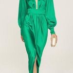 Ramy Brook Madeline Green Satin Plunge Neck Long Sleeve Gown Size 8 Photo 0