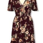 Xhilaration NWOT Burgundy Wine Maroon White Cream Floral Flutter Short Sleeve Mini Dress New Photo 2