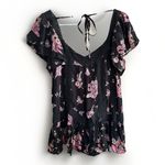 Angie  Small Top Flutter‎ Sleeve Smocked Black Floral Boho Fairycore Peasant Photo 3