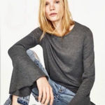 ZARA  Grey Long Bell Sleeve Ribbed Crew Neck Top‎ - Medium Photo 0