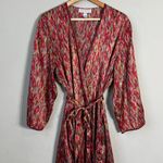 Oscar de la Renta Vintage Pink Label Printed Satin Robe Women's Large Red Belted Photo 1