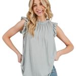 Ces Femme Ruffle Neck Sleeveless Top Mint Green Textured Summer Feminine Size L Photo 0