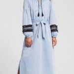 Who What Wear Blue Belted Dress Embroidered and Crochet Sleeves Boho Large Photo 0