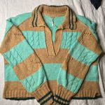 Free People Striped Oversized Knit Sweater Preppy Varsity Look in Teal and Tan Photo 0