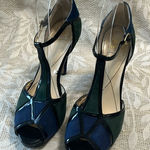 Isola Blue Green Color Block Suede Black Patent Leather T Strap Stiletto Heel 10 Photo 0