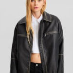 Bershka  Black Leather Jacket with White Stitching Photo 0