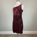 Betsy and Adam Red Sequined One Shoulder Sheath Size 12 Thigh Slit Mini Photo 4