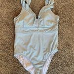 Blue White Seersucker 1 Piece Swimsuit Ruffle Strap Sz ? XL Photo 0