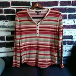 CHAPS ‎ Womens Top Sz PXL Multi Color Henley Stripe Fall Rust Aqua Textured Photo 1