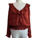 Anthropologie Textured Long Sleeve Floral Blouse in Crimson Rust Orange Sz L Photo 0