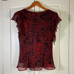 MSK Y2K Red Black Animal Print Blouse Large Ruffle Sheer Flutter Sleeve USA READ Photo 1