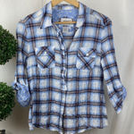 Live a Little  Blue & White Plaid Gingham Short Sleeve Button Up Blouse Top M Photo 0
