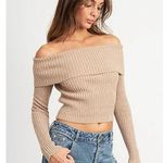 Emory park Tan Metallic Off Shoulder Ribbed Knit Long Sleeve Crop Sweater Top S Photo 1