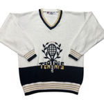 Vintage Quantum Sportswear Medium Tennis Sweater V Neck White Black Gold Knit Photo 0