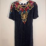 Laurence Kazar VTG  Black Beaded Sequin Design Silk Dress S Photo 5