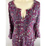 Reborn multi color boho print bell sleeve keyhole neck mini dress in Size Small Purple Photo 2