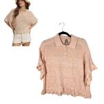 Anthropologie By Collared Ruffle Sweater Linen Blend Knit Pink Crop Blouse Small Photo 1