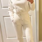 Real Fox Fur Collar Knit Set Winter Tracksuit Kit Hoodie Knit High Waist Pants White Photo 1