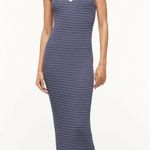 STAUD Dana sleeveless midi bodycon dress in navy micro stripe size S small Photo 2