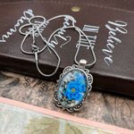 Blue Rose Floral Print Large Cabochon Stainless Steel Pendant Necklace 18 inches Silver Photo 1