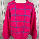 Women's Cozy Handknit/Handmade Hot Pink/Blue Windowpane Crewneck Sweater Photo 0