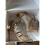 Nine West SZ 7 in Box Tan Leather 4" STILLETO Heel PEEP TOE Snakeskin Metallic Photo 12