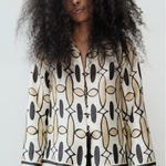 ZARA  Tan Black Button Down Long Sleeve Shirt Geometric Print Women's size Small Photo 0