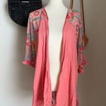 Umgee Peach Floral Fringe Trim Kimono Cardigan, Size S/M Photo 0