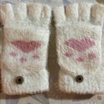White and Pink Cozy Fingerless Gloves with Paw Print Photo 1
