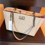 Calvin Klein logo covered beige Pink black tone chain handstrap shoulder bag Photo 1