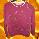 Grandma Chic Button Up Red Sweatshirt‎ with Embroidered Leaves Size PL Size L Photo 0