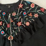 Zara TRF Outerwear M Floral Embroidered Yoke Black Full Zip Jacket Ruffle Sleeve Size M Photo 2