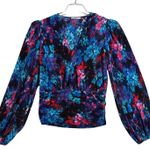 Suzy Shier  Shirt Blue Pink Floral Flowers Pleated Crop‎ Blouse Wrap Top Size M Photo 0